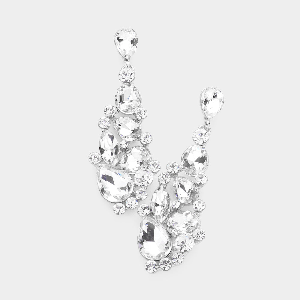 Clear Round and Teardrop Cluster Pageant Earrings | Prom Earrings