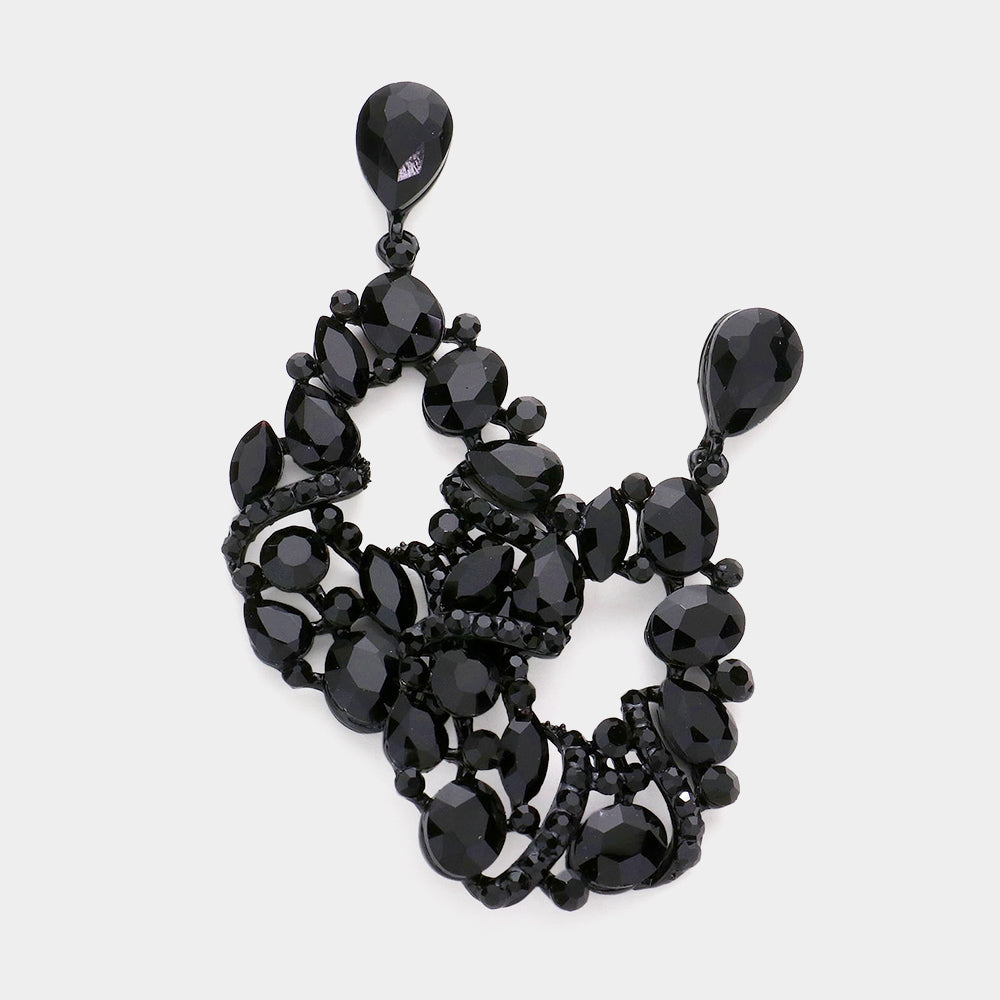Jet Black Crystal Multi Stone Dangle Pageant Earrings | Homecoming Earrings