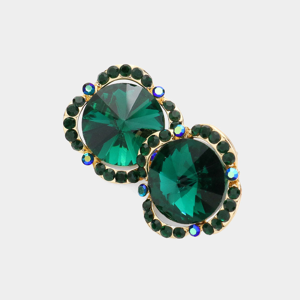 Round Emerald Crystal and Rhinestone Accented Pageant Earrings | Interview Earrings