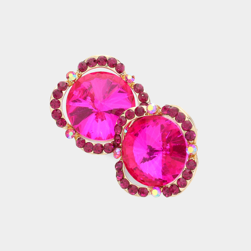 Round Fuchsia Crystal and Rhinestone Accented Pageant Earrings | Interview Earrings