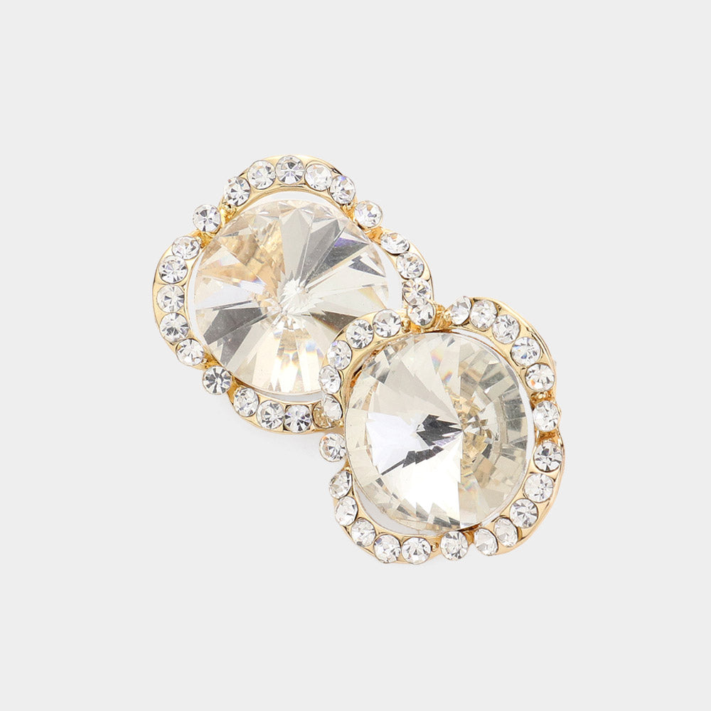 Round Clear Crystal and Rhinestone Accented Pageant Earrings on Gold | Interview Earrings