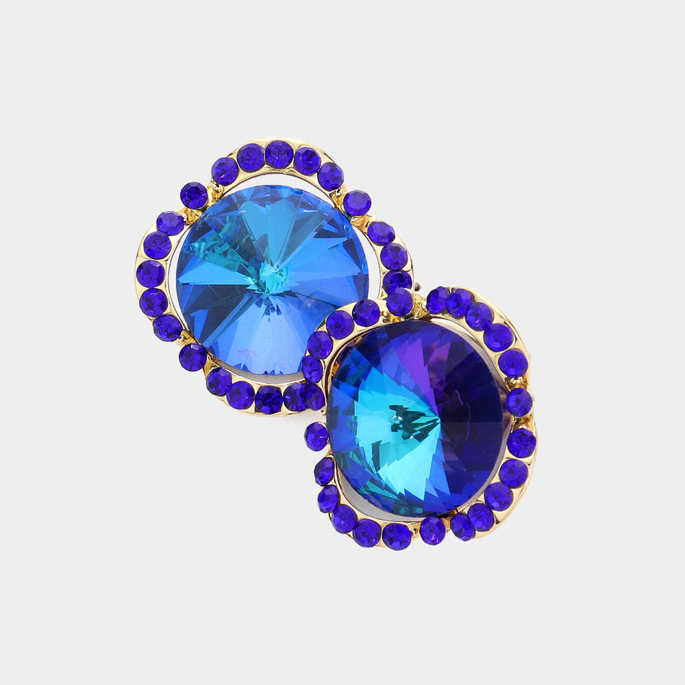 Round Blue Crystal and Rhinestone Accented Pageant Earrings  | Interview Earrings