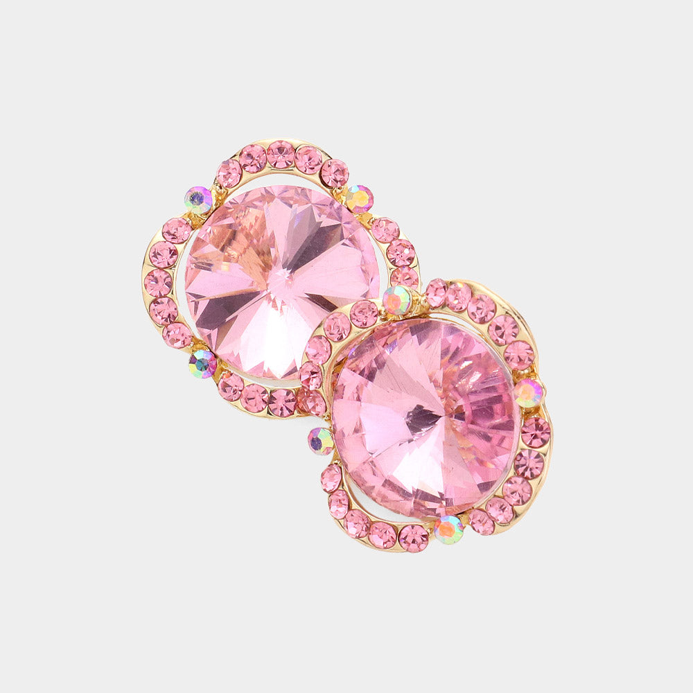Round Pink Crystal and Rhinestone Accented Pageant Earrings  | Interview Earrings