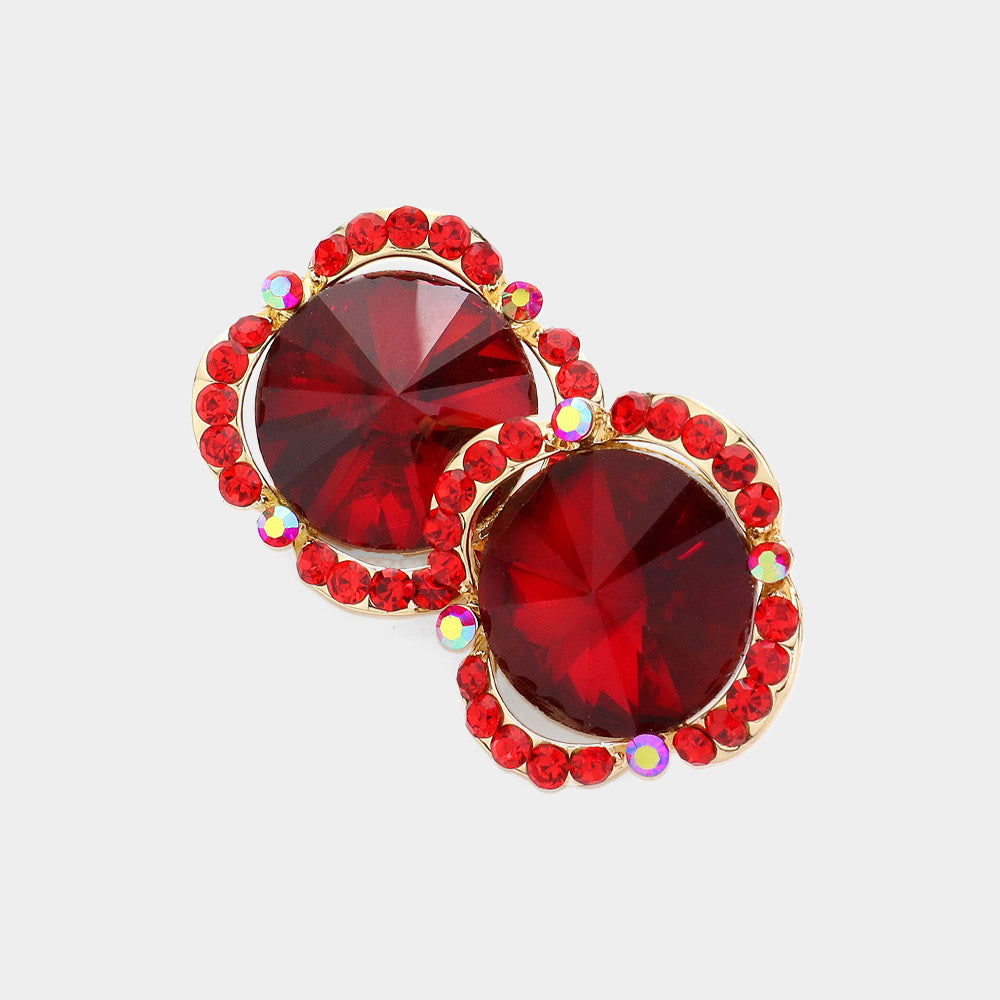 Round Red Crystal and Rhinestone Accented Pageant Earrings  | Interview Earrings