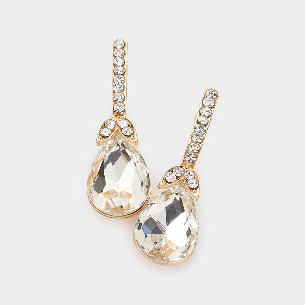 Clear Teardrop and Rhinestone Dangle Earrings on Gold | Pageant Earrings | Interview Earrings