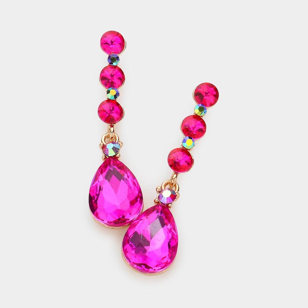 Fuchsia Teardrop and Round Crystal Dangle Earrings | Pageant Earrings