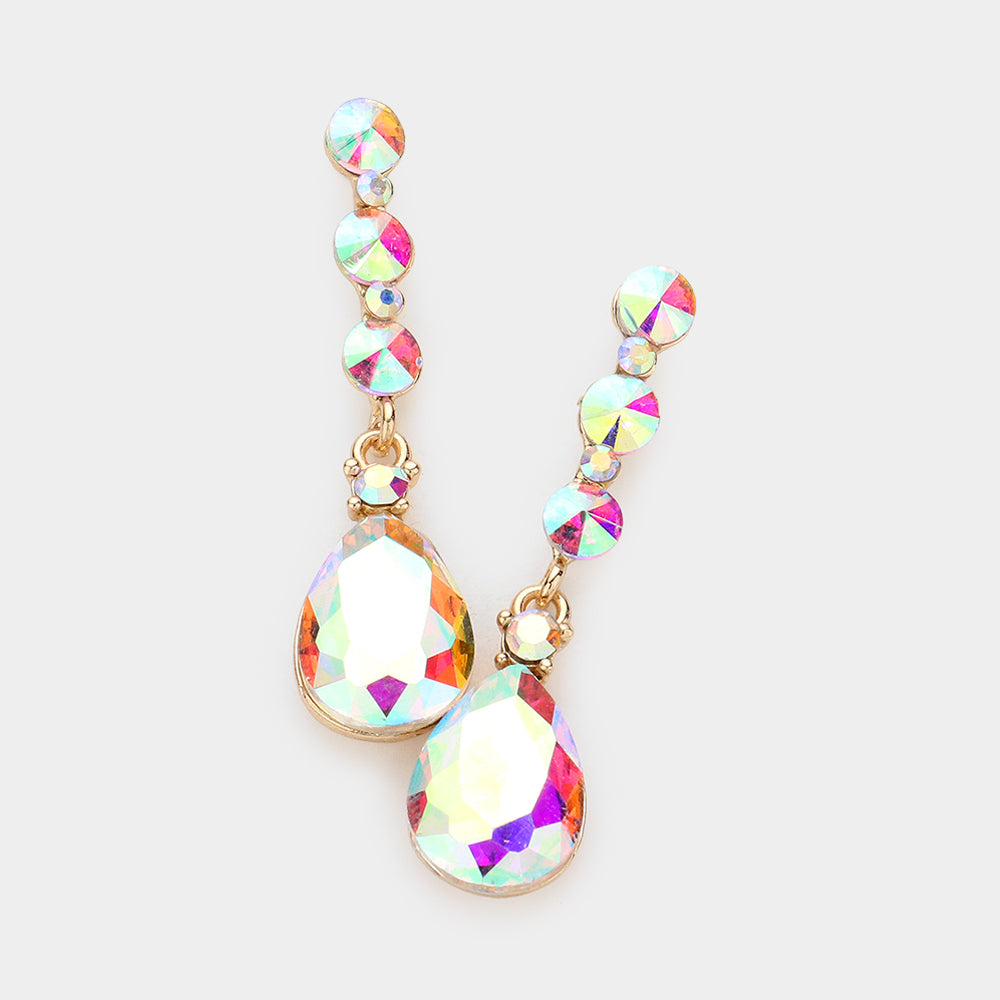 AB Teardrop and Round Crystal Dangle Earrings on Gold | Pageant Earrings