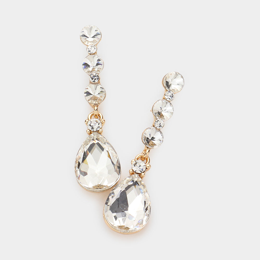 Clear Teardrop and Round Crystal Dangle Earrings on Gold | Pageant Earrings