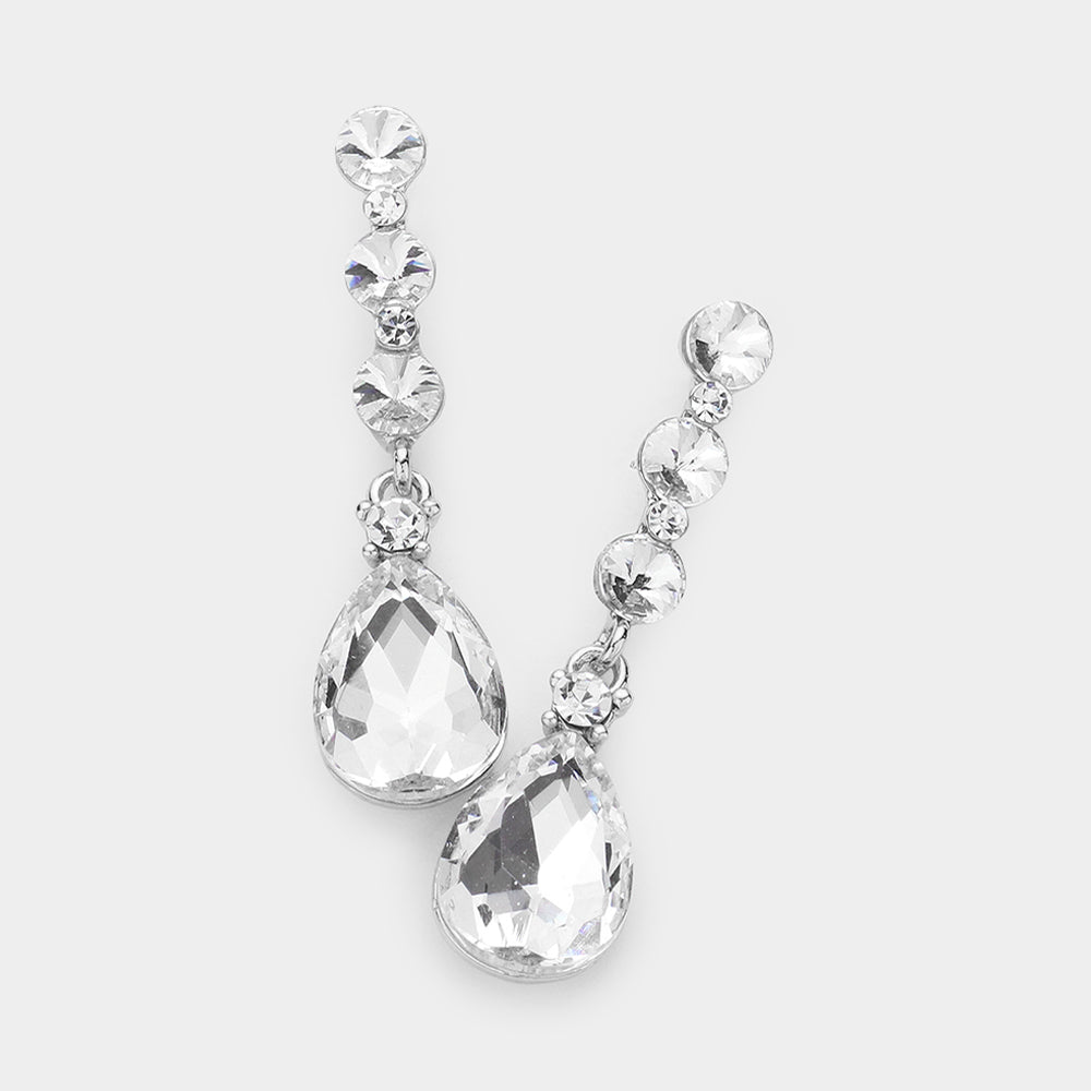 Clear Teardrop and Round Crystal Dangle Earrings  | Pageant Earrings