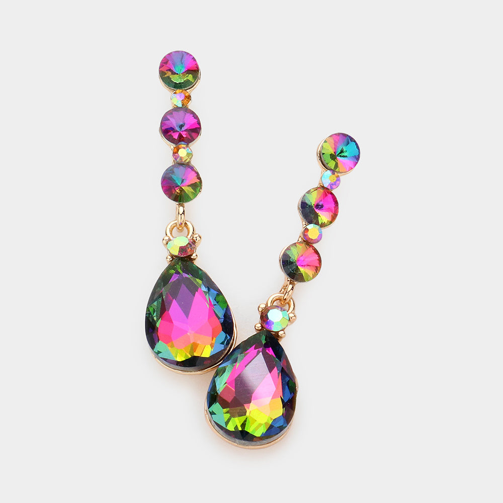 Multi-Color Teardrop and Round Crystal Dangle Earrings  | Pageant Earrings