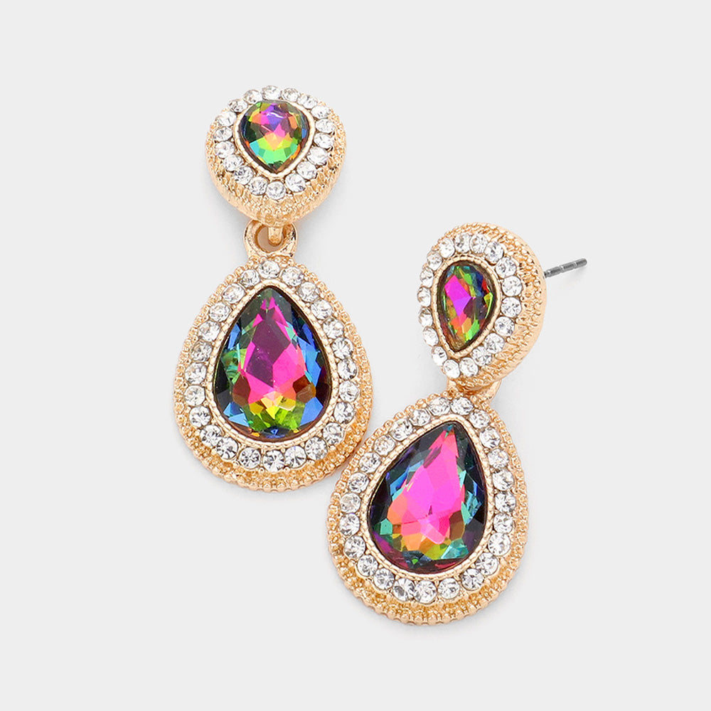 Small Double Teardrop Multi-Color Crystal Drop Earrings on Gold