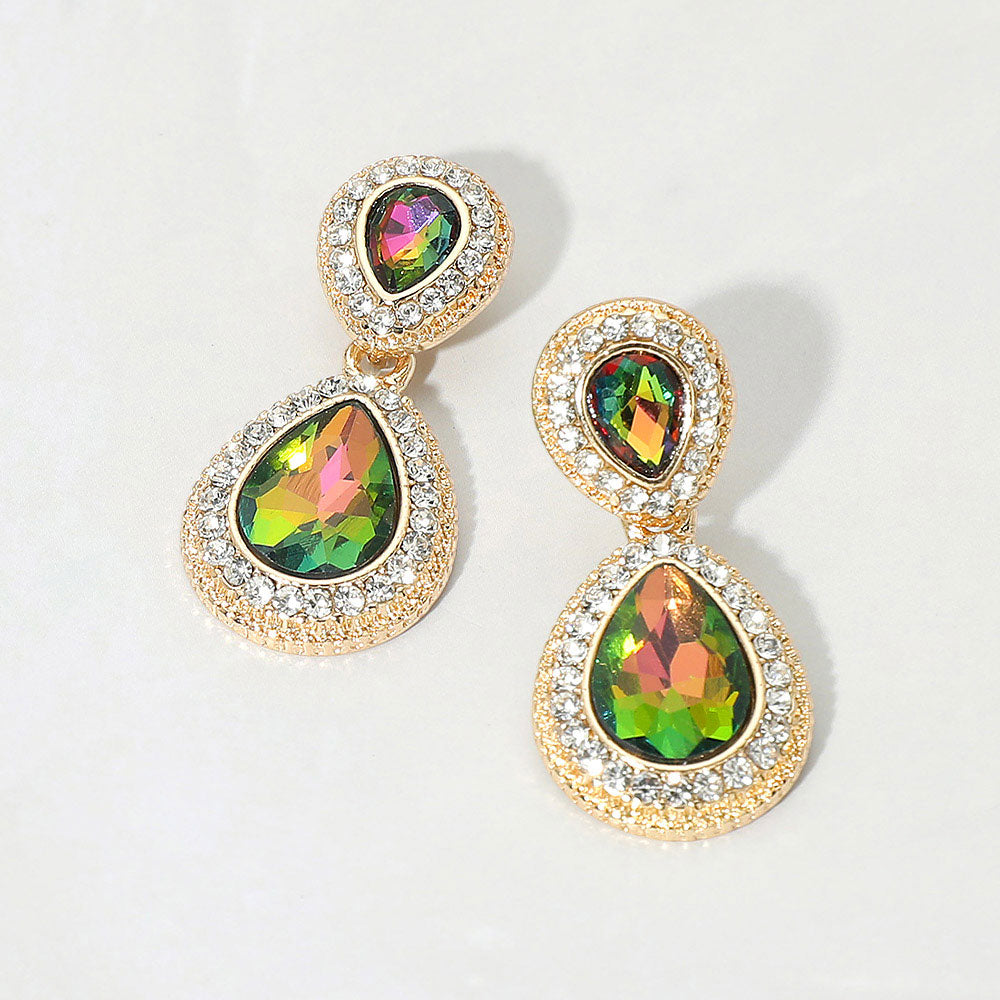 Small multi-color crystal double teardrop drop earrings on gold with iridescent stones on white background