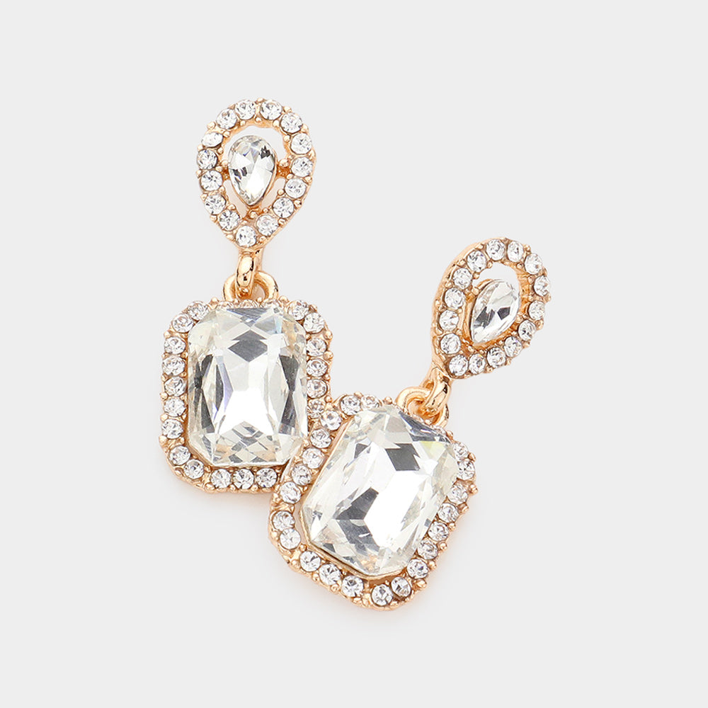 Small Square Clear Dangle Pageant Earrings on Gold| Interview Earrings