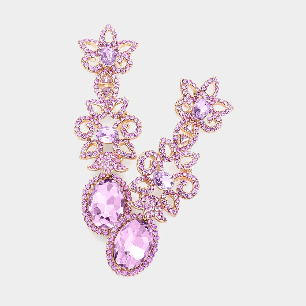 Oval Lavender Stone and Rhinestone Pointed Flower Pageant Earrings | Prom Jewelry