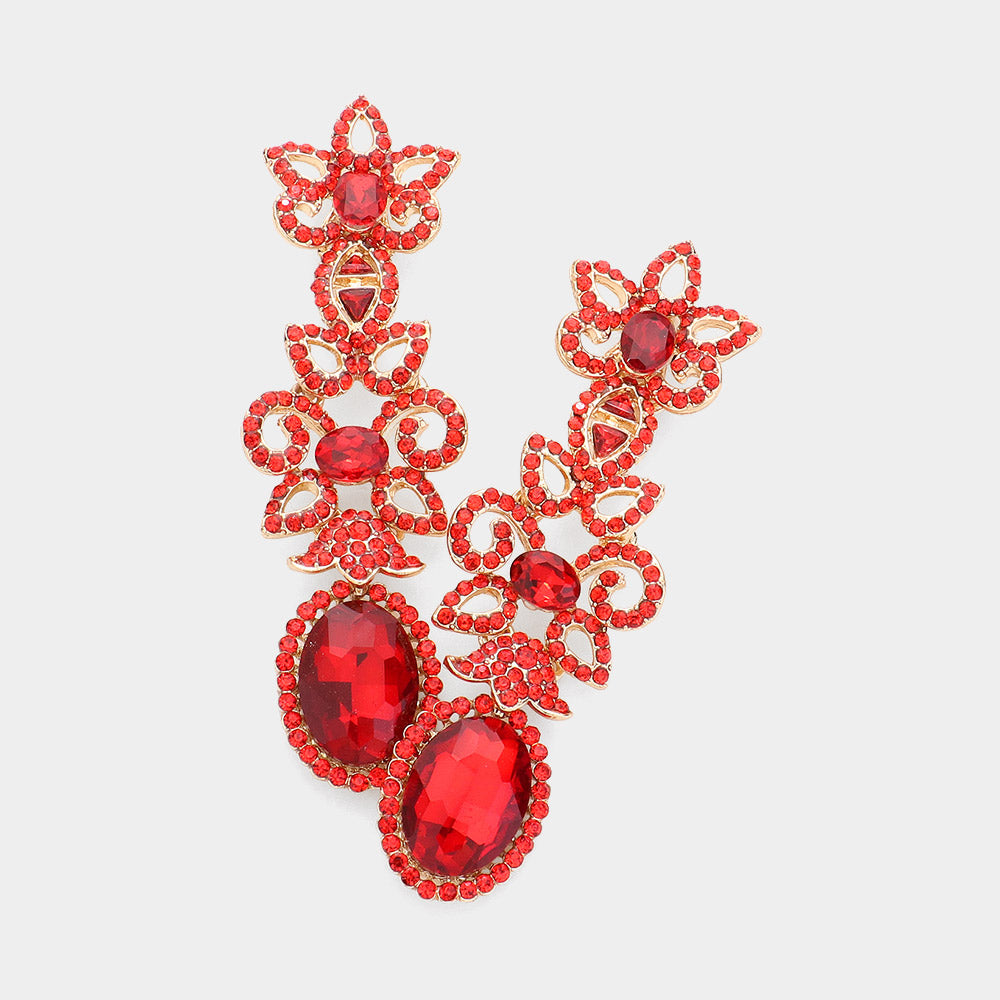 Oval Red Stone and Rhinestone Pointed Flower Pageant Earrings | Prom Jewelry