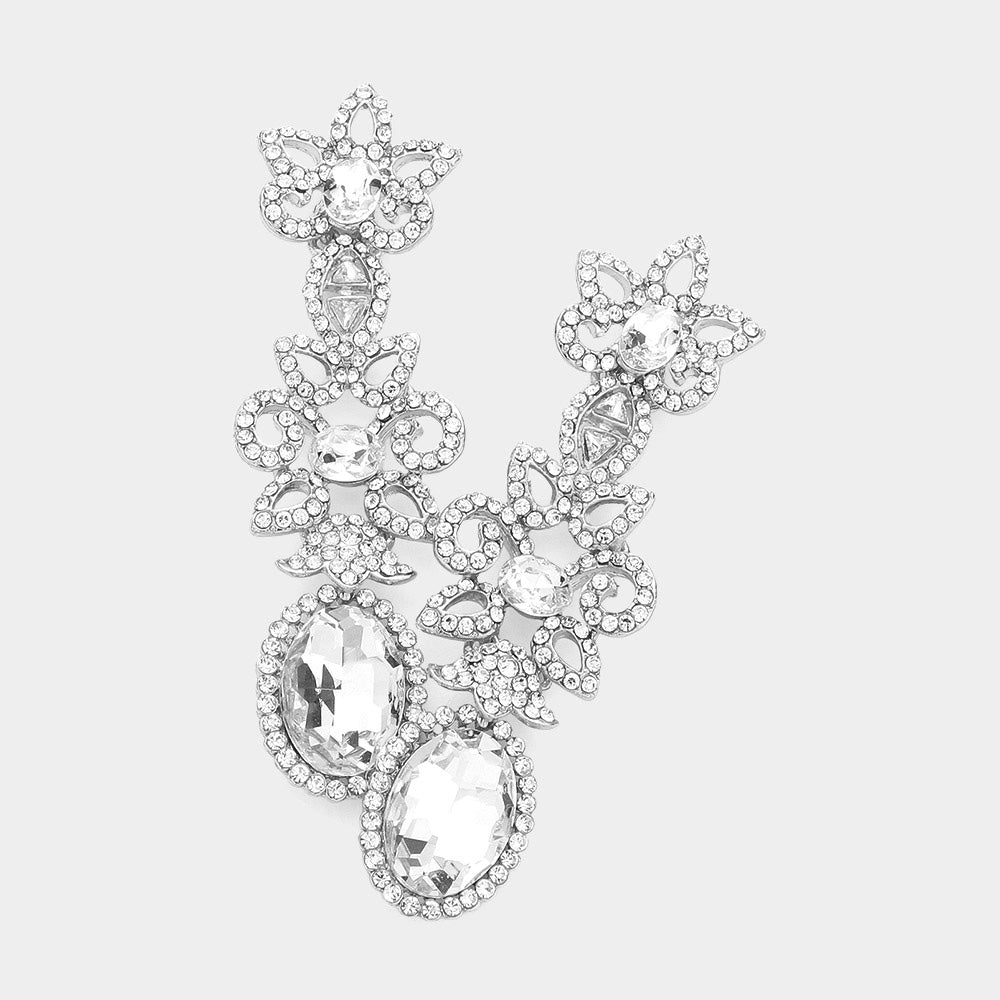 Oval Clear Stone and Rhinestone Pointed Flower Pageant Earrings | Prom Jewelry