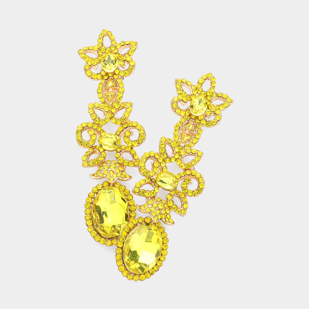 Oval Yellow Stone and Rhinestone Pointed Flower Pageant Earrings | Prom Jewelry