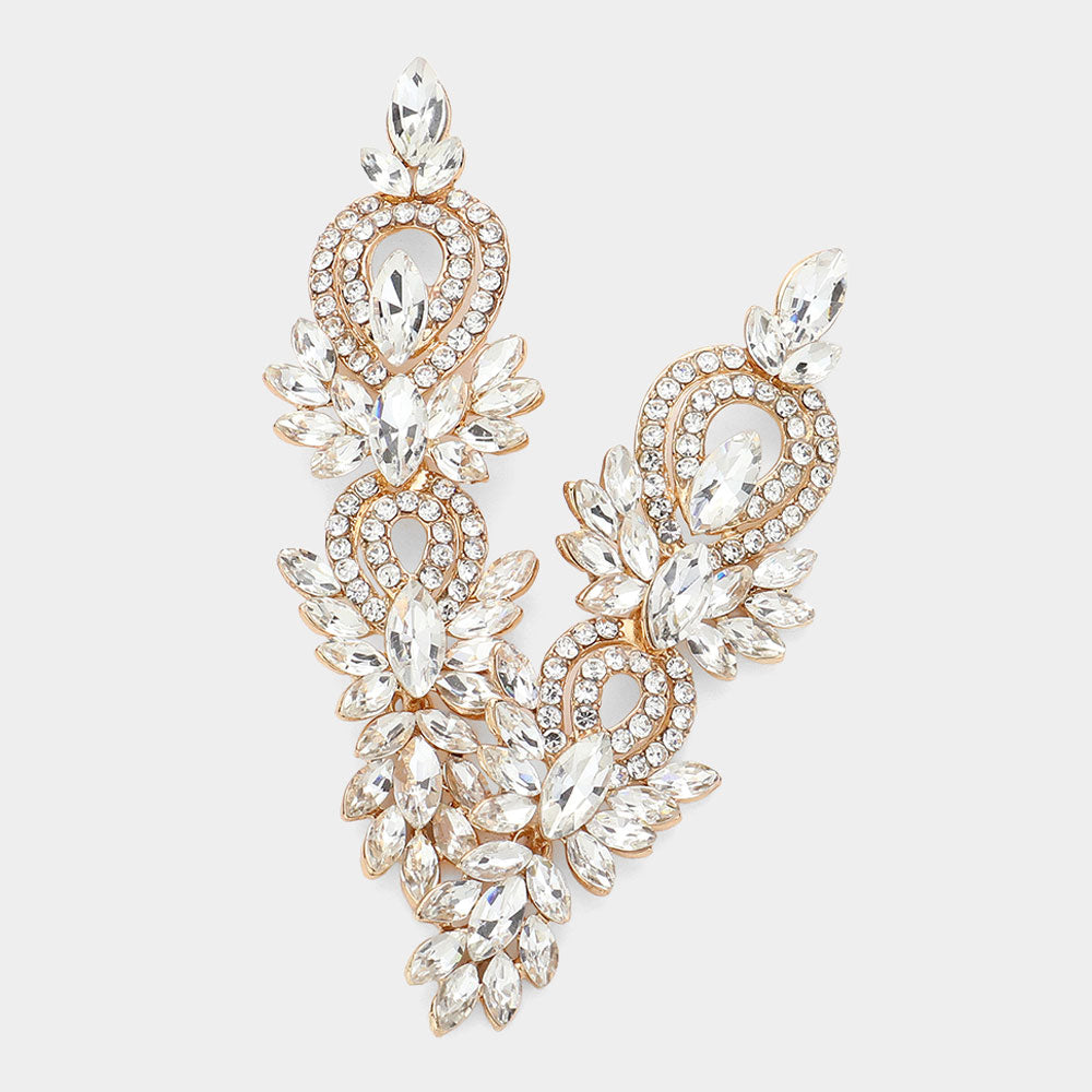 Clear Marquise and Rhinestone Accented Pageant Chandelier Earrings on Gold | Prom Earrings