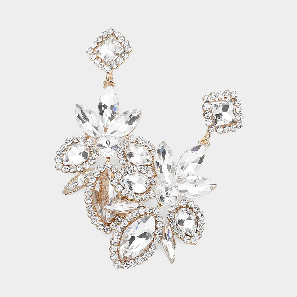 Clear Multi Shape Stone Cluster Chandelier Pageant Earrings on Gold | Prom Earrings | Evening Earrings