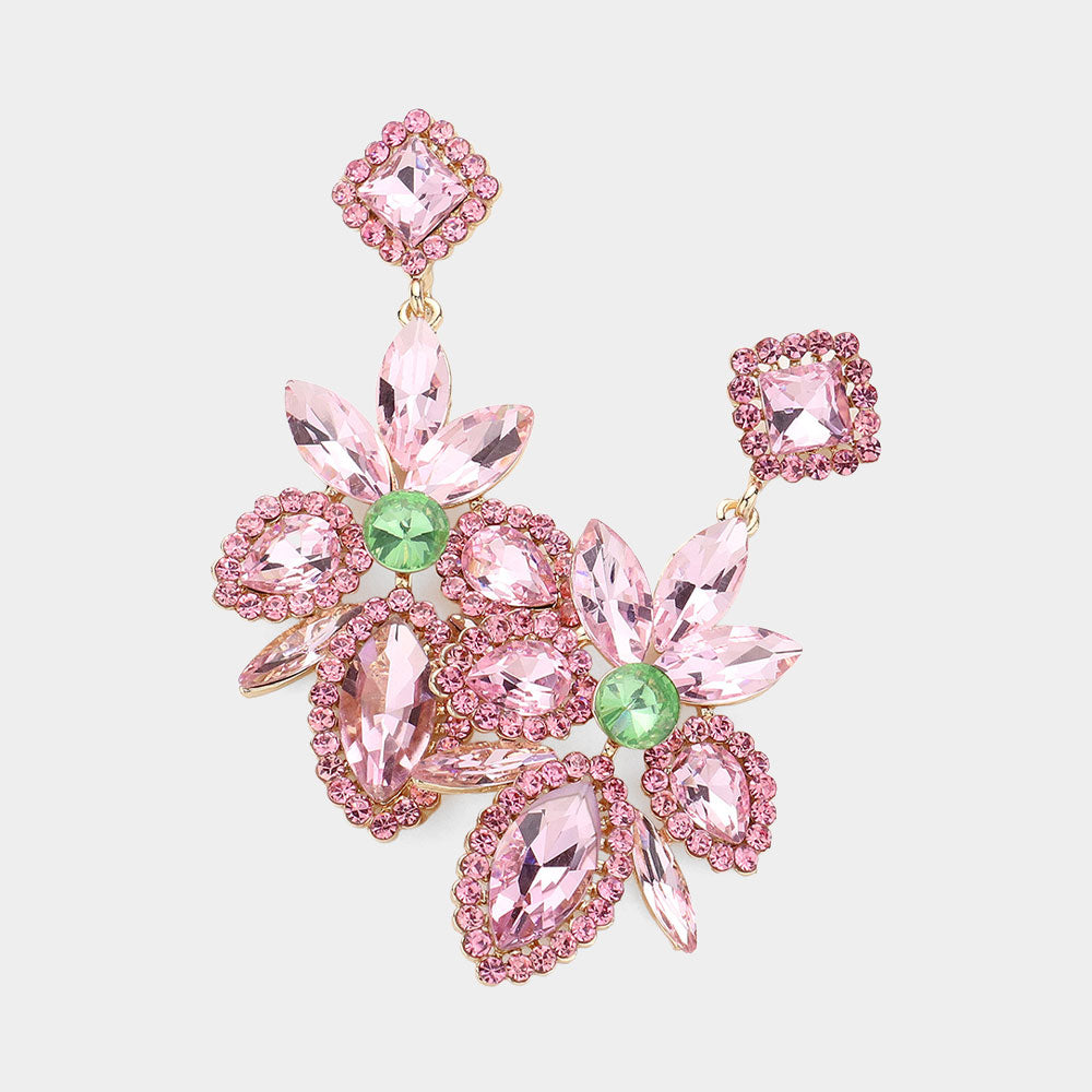 Pink & Green Multi Shape Stone Cluster Chandelier Pageant Earrings  | Prom Earrings | Evening Earrings