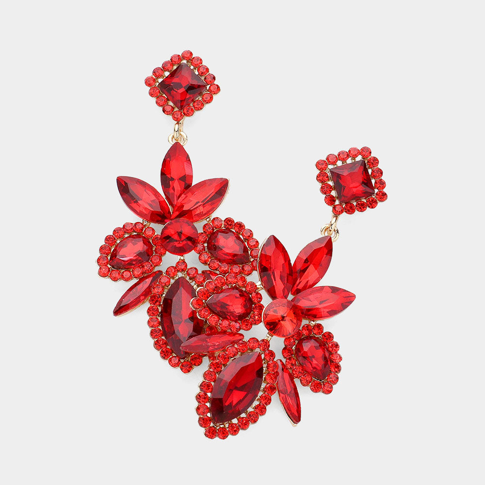 Red Multi Shape Stone Cluster Chandelier Pageant Earrings | Prom Earrings | Evening Earrings
