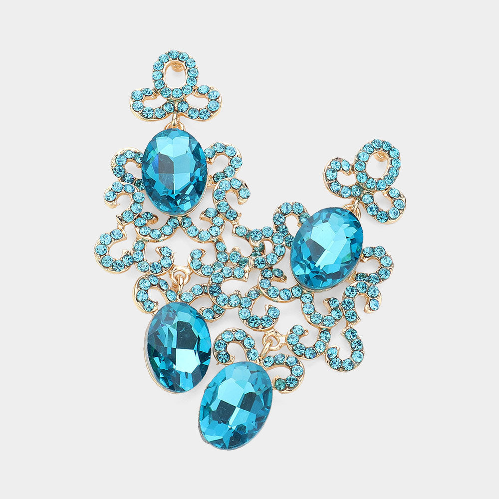 Aqua Oval and Rhinestone Crystal Abstract Pageant Earrings | Evening Earrings