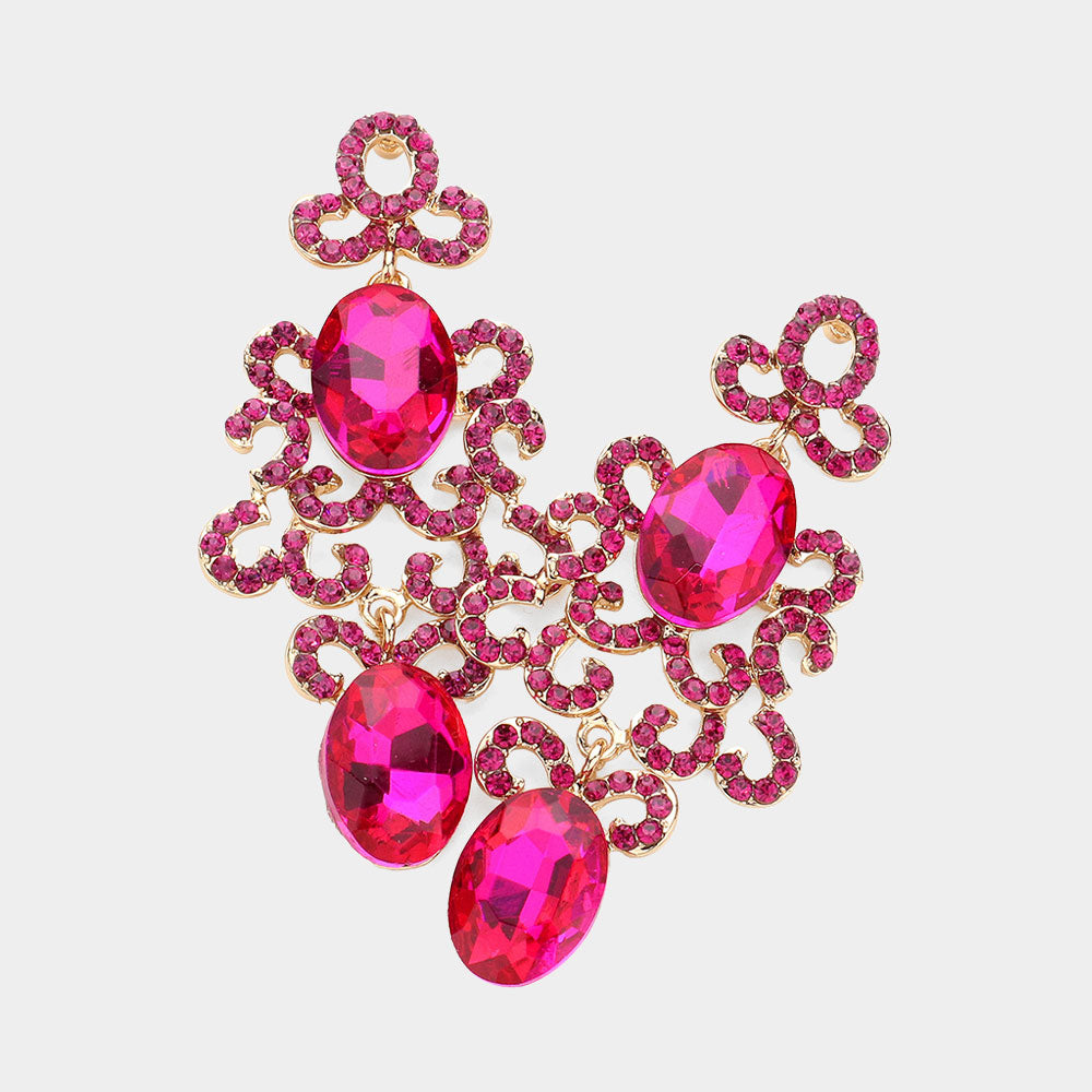 Fuchsia Oval and Rhinestone Crystal Abstract Pageant Earrings | Evening Earrings