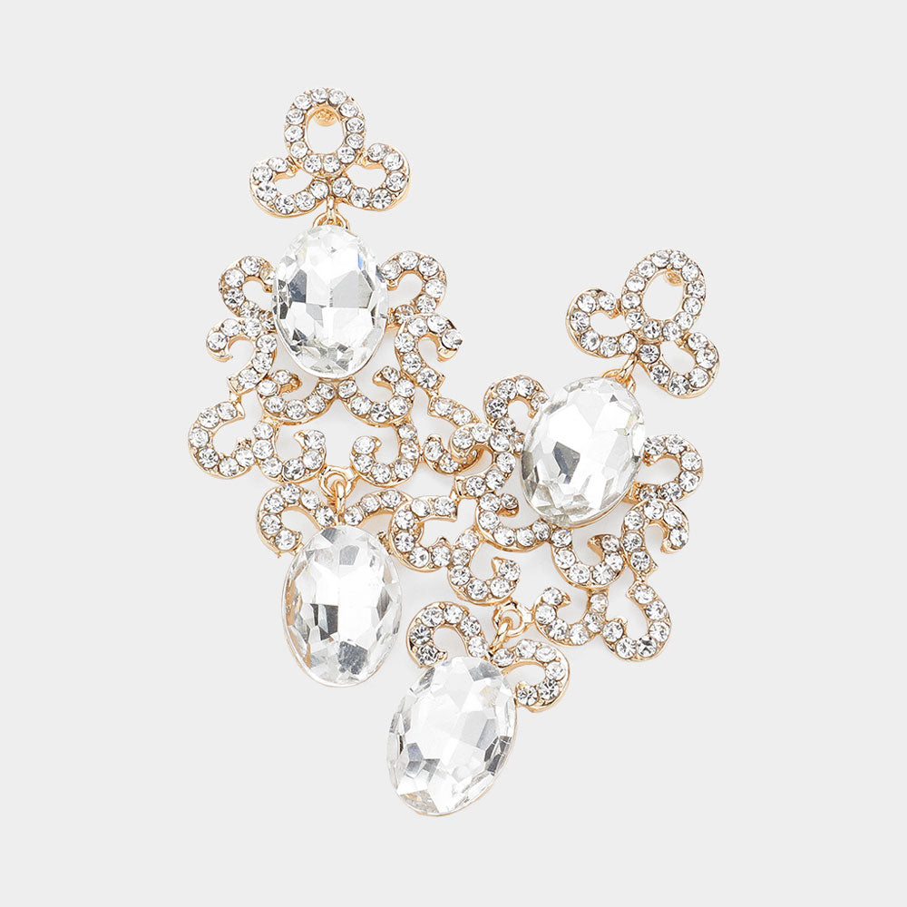 Clear Oval and Rhinestone Crystal Abstract Pageant Earrings on Gold | Evening Earrings
