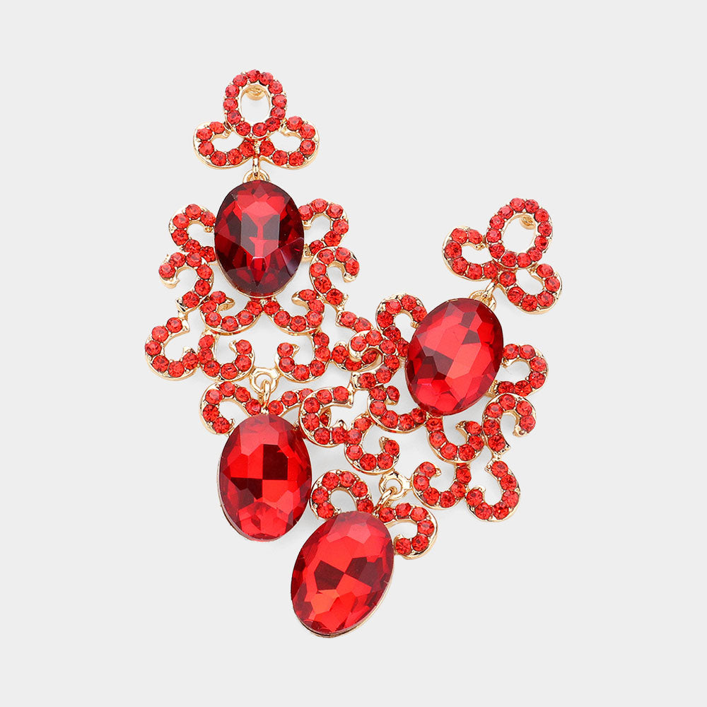 Red Oval and Rhinestone Crystal Abstract Pageant Earrings  | Evening Earrings