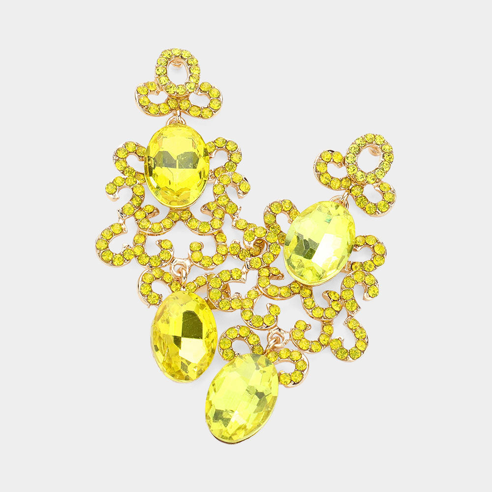 Yellow Oval and Rhinestone Crystal Abstract Pageant Earrings  | Evening Earrings