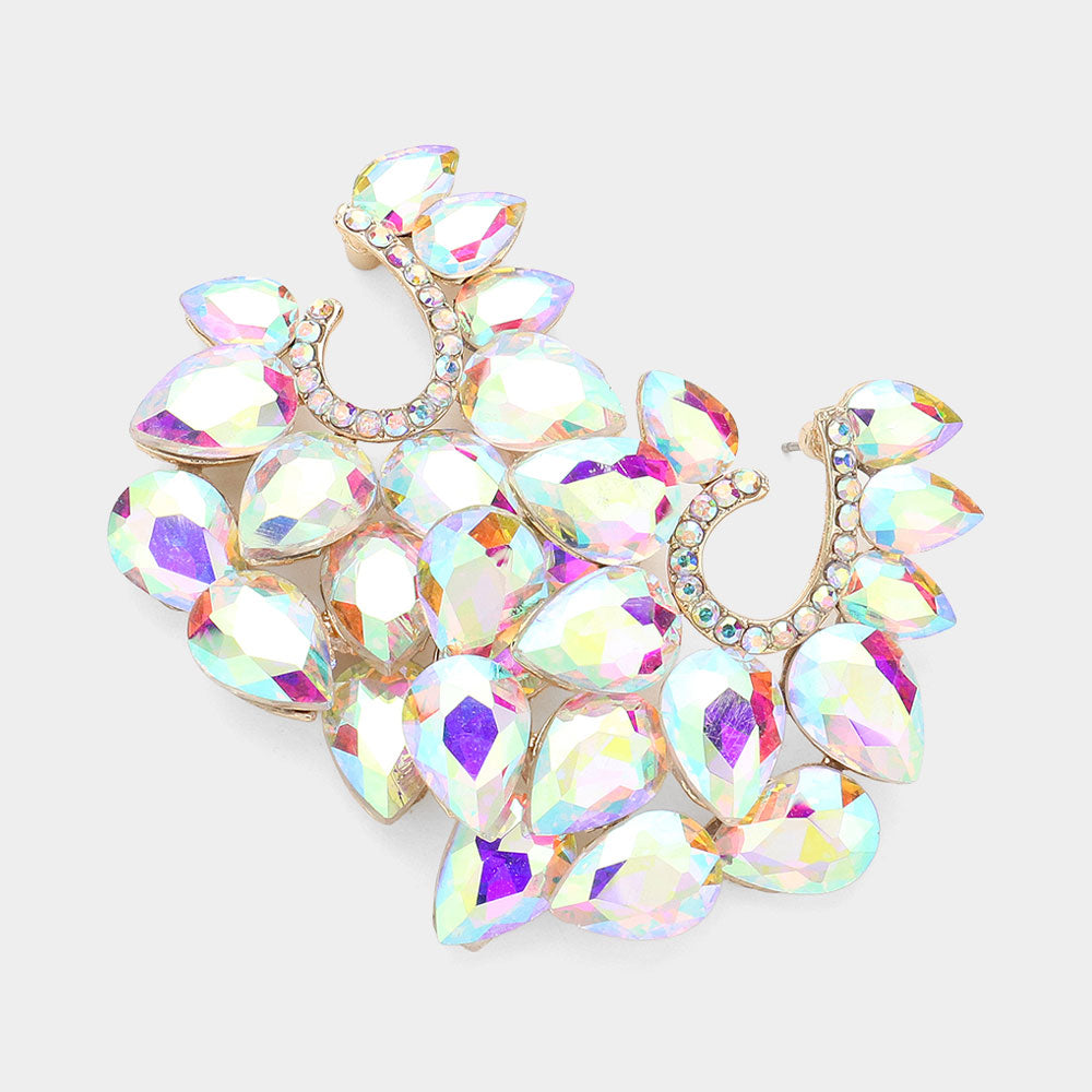 Cluster of AB Teardrop Stones Pageant Earrings on Gold| Prom Earrings