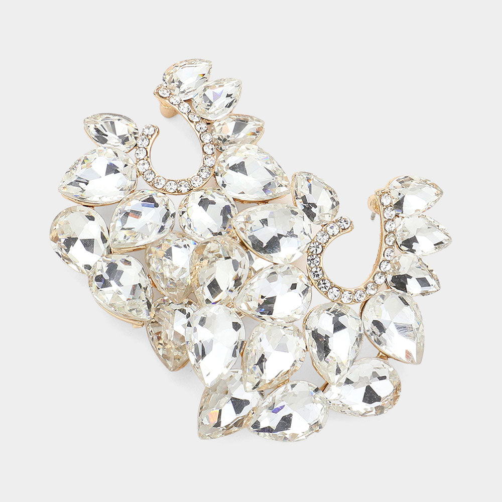 Cluster of Clear Teardrop Stones Pageant Earrings on Gold| Prom Earrings