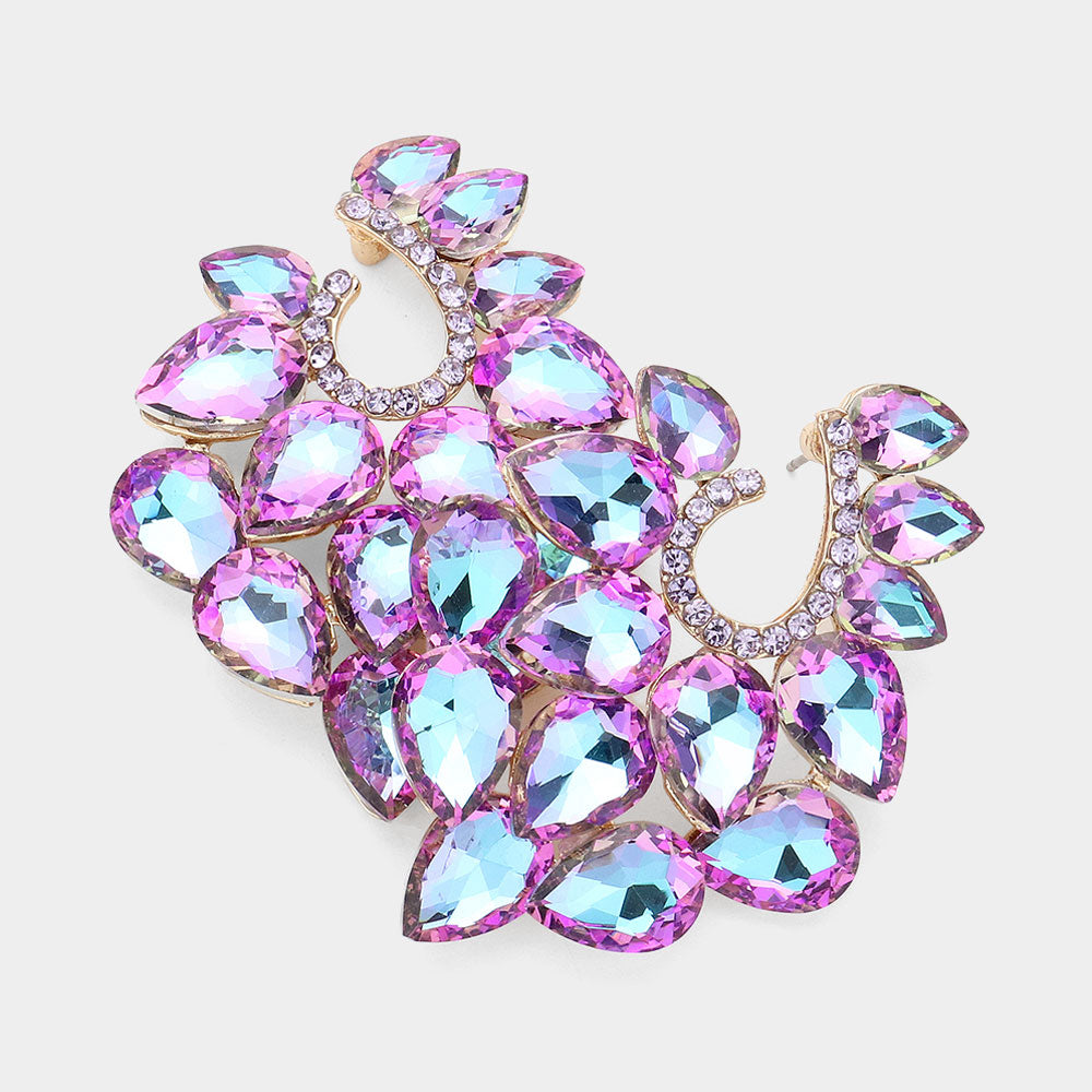 Cluster of Violet AB Teardrop Stones Pageant Earrings | Prom Earrings