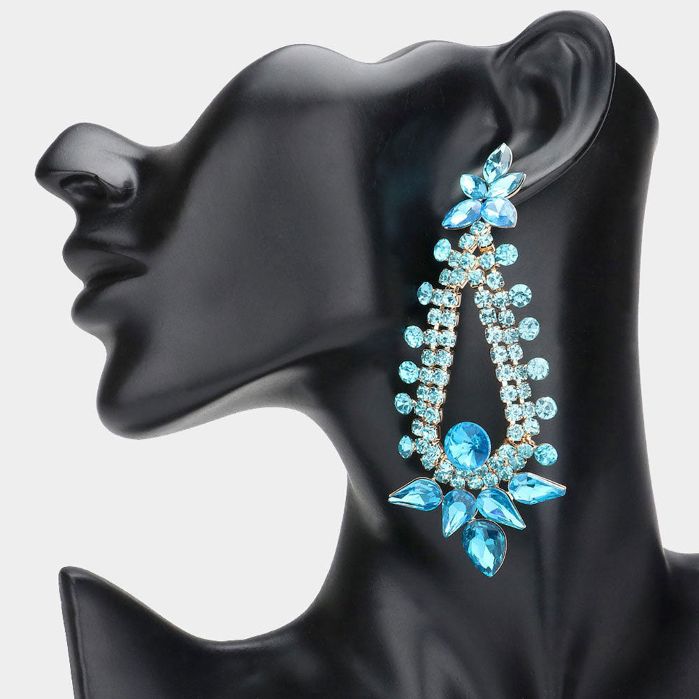 Long Aqua Teardrop and Round Stone Chandelier Earrings | Pageant Earrings | Prom Earrings