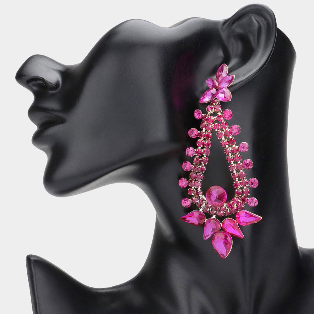 Long Fuchsia Teardrop and Round Stone Chandelier Earrings | Pageant Earrings | Prom Earrings