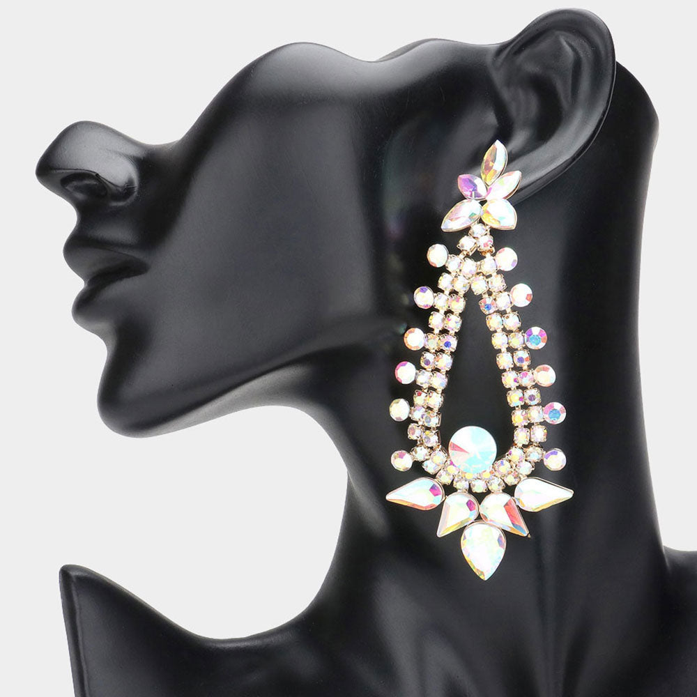 Long AB Teardrop and Round Stone Chandelier Earrings on Gold | Pageant Earrings | Prom Earrings