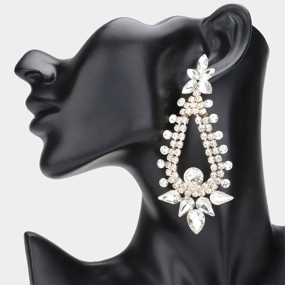 Long Clear Teardrop and Round Stone Chandelier Earrings on Gold | Pageant Earrings | Prom Earrings