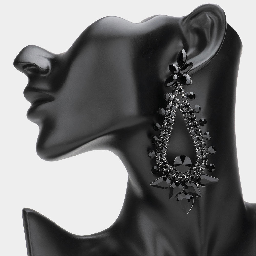 Long Jet Black Teardrop and Round Stone Chandelier Earrings | Pageant Earrings | Prom Earrings
