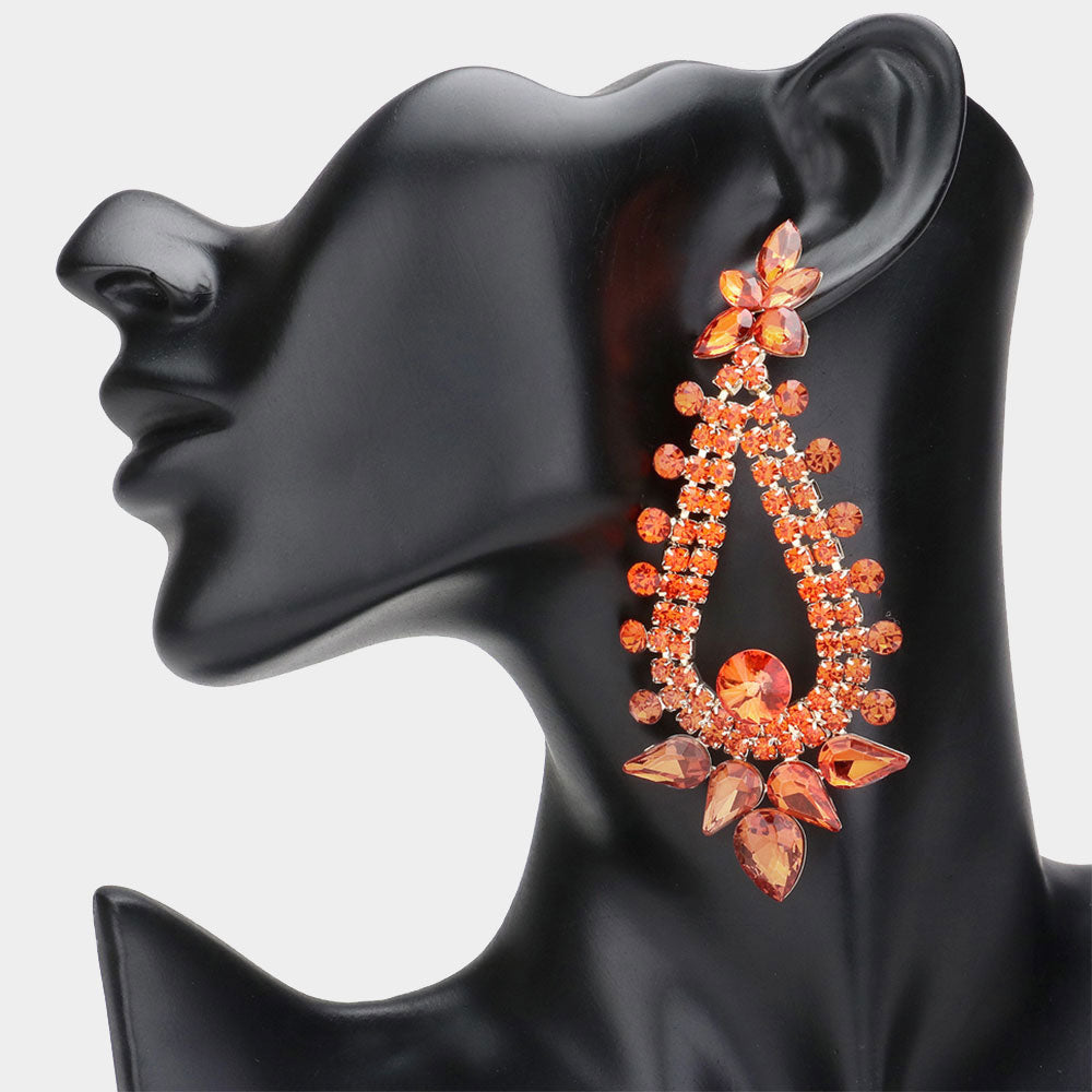 Long Orange Teardrop and Round Stone Chandelier Earrings | Pageant Earrings | Prom Earrings