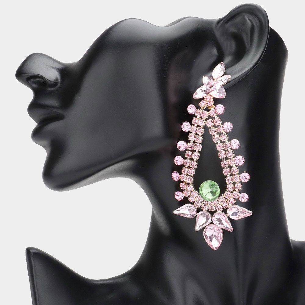 Long Pink &amp; Green Teardrop and Round Stone Chandelier Earrings | Pageant Earrings | Prom Earrings