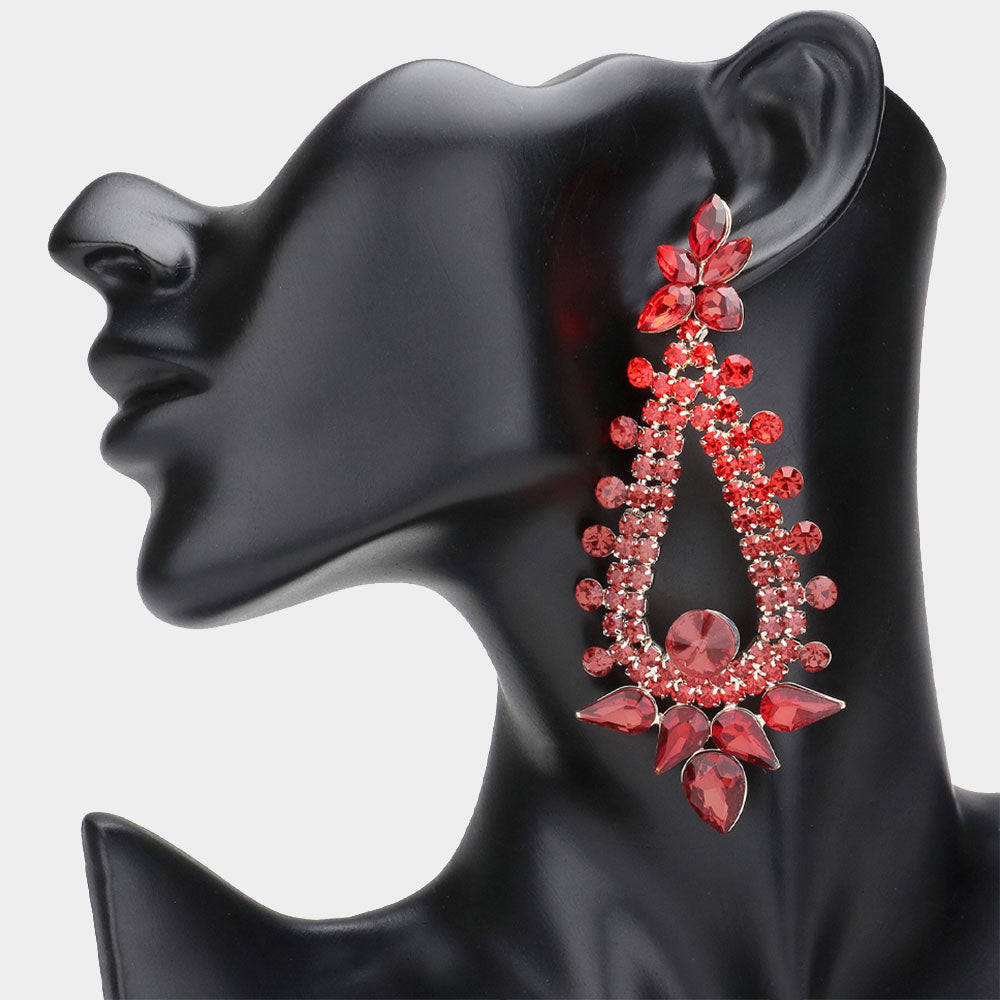 Long Red Teardrop and Round Stone Chandelier Earrings | Pageant Earrings | Prom Earrings