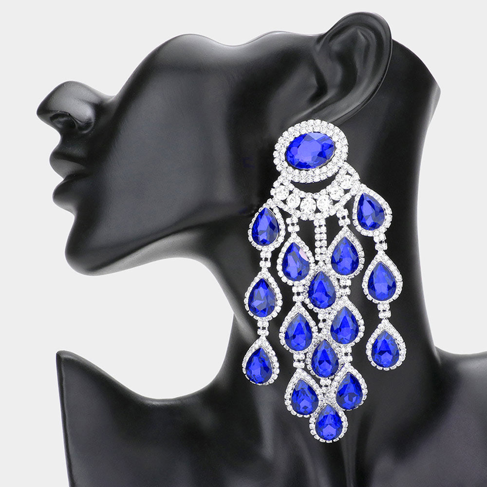 Oversize Multi Line Sapphire Teardrop Chandelier Earrings | Pageant Earrings 