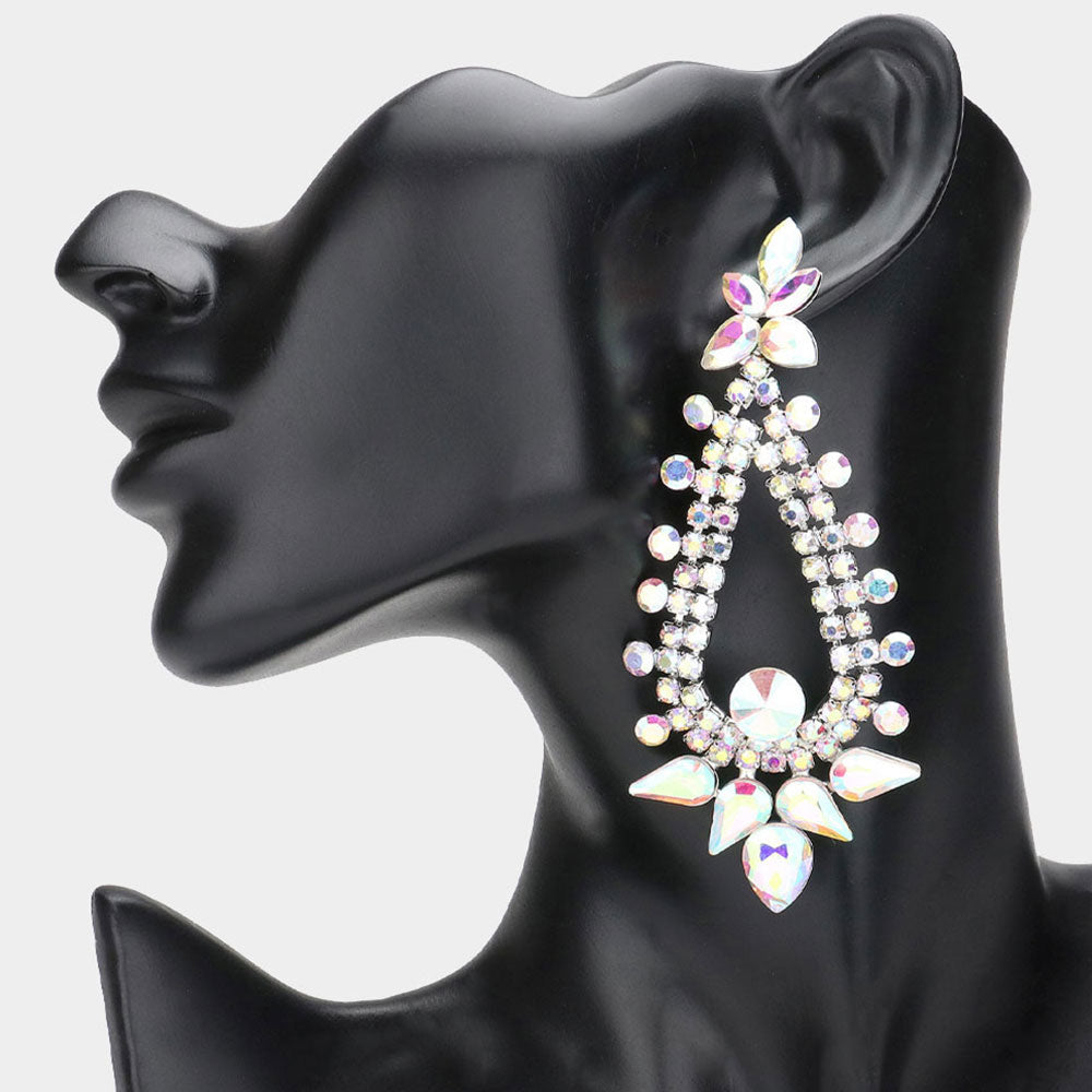 Long AB Teardrop and Round Stone Chandelier Earrings | Pageant Earrings | Prom Earrings