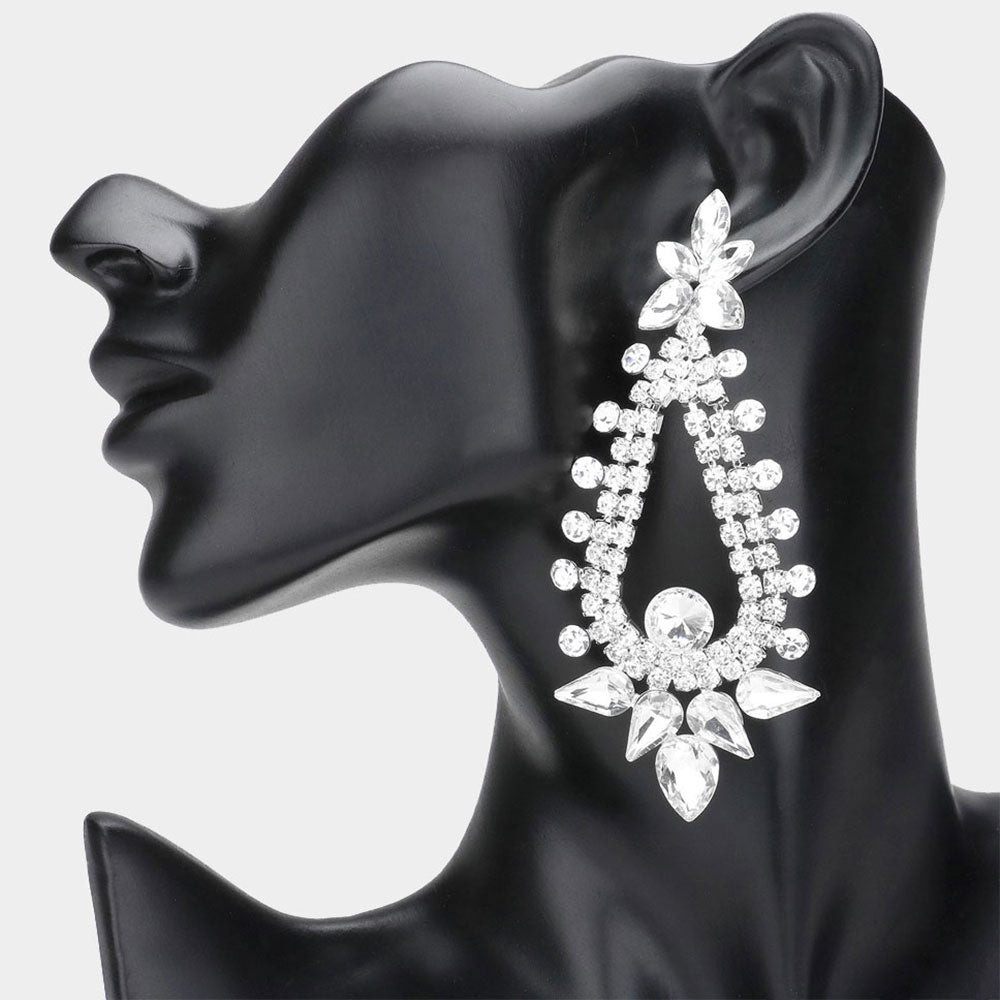 Long Clear Teardrop and Round Stone Chandelier Earrings | Pageant Earrings | Prom Earrings