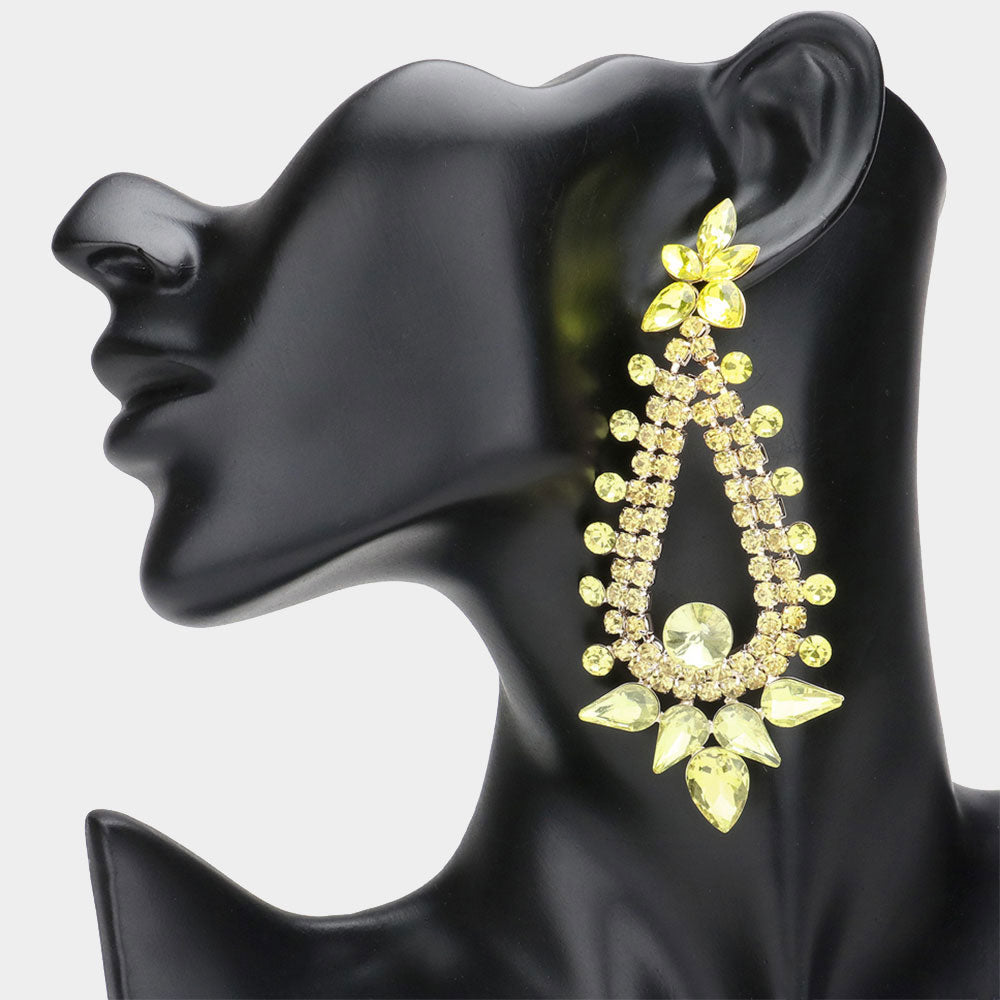 Long Yellow Teardrop and Round Stone Chandelier Earrings | Pageant Earrings | Prom Earrings