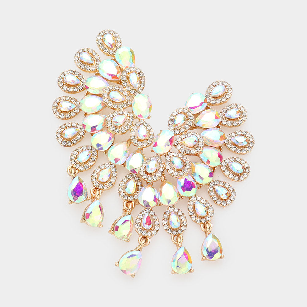 AB Teardrop Rhinestone Accented Pageant Earrings on Gold | Prom Earrings