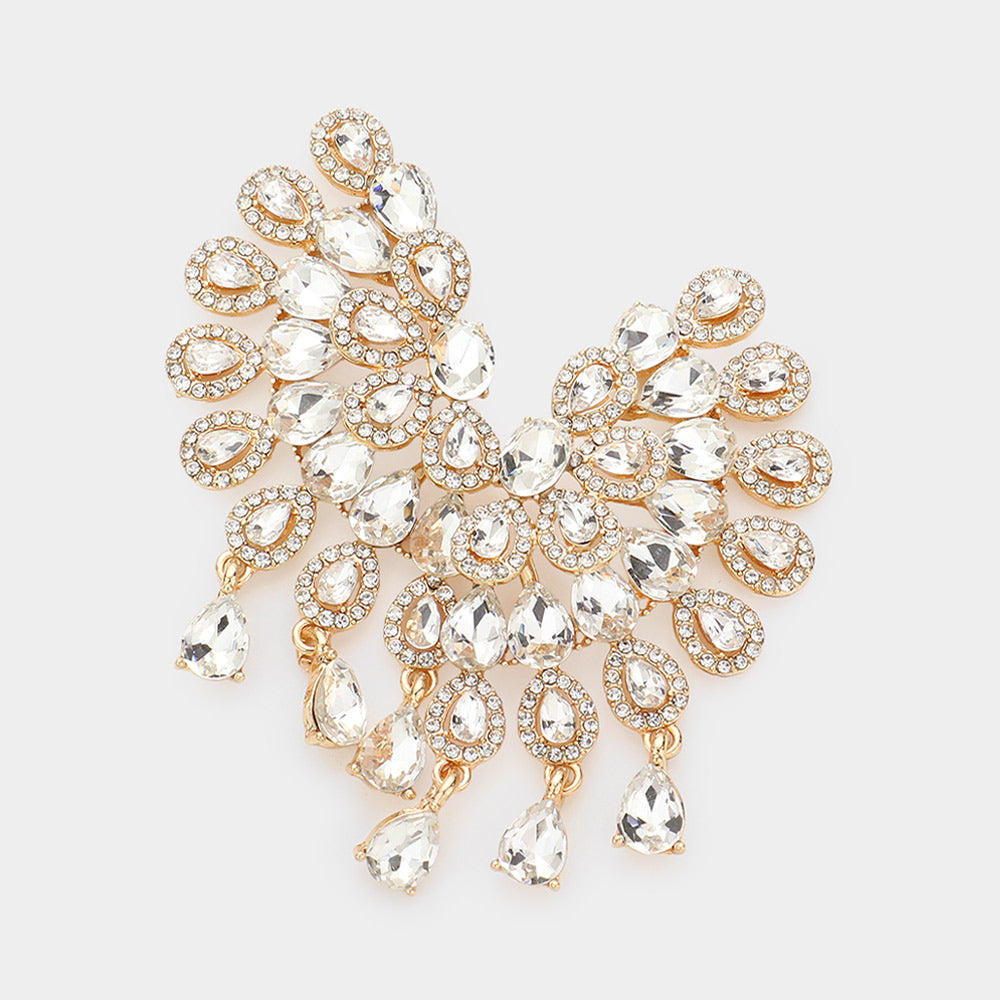 Clear Teardrop Rhinestone Accented Pageant Earrings on Gold | Prom Earrings