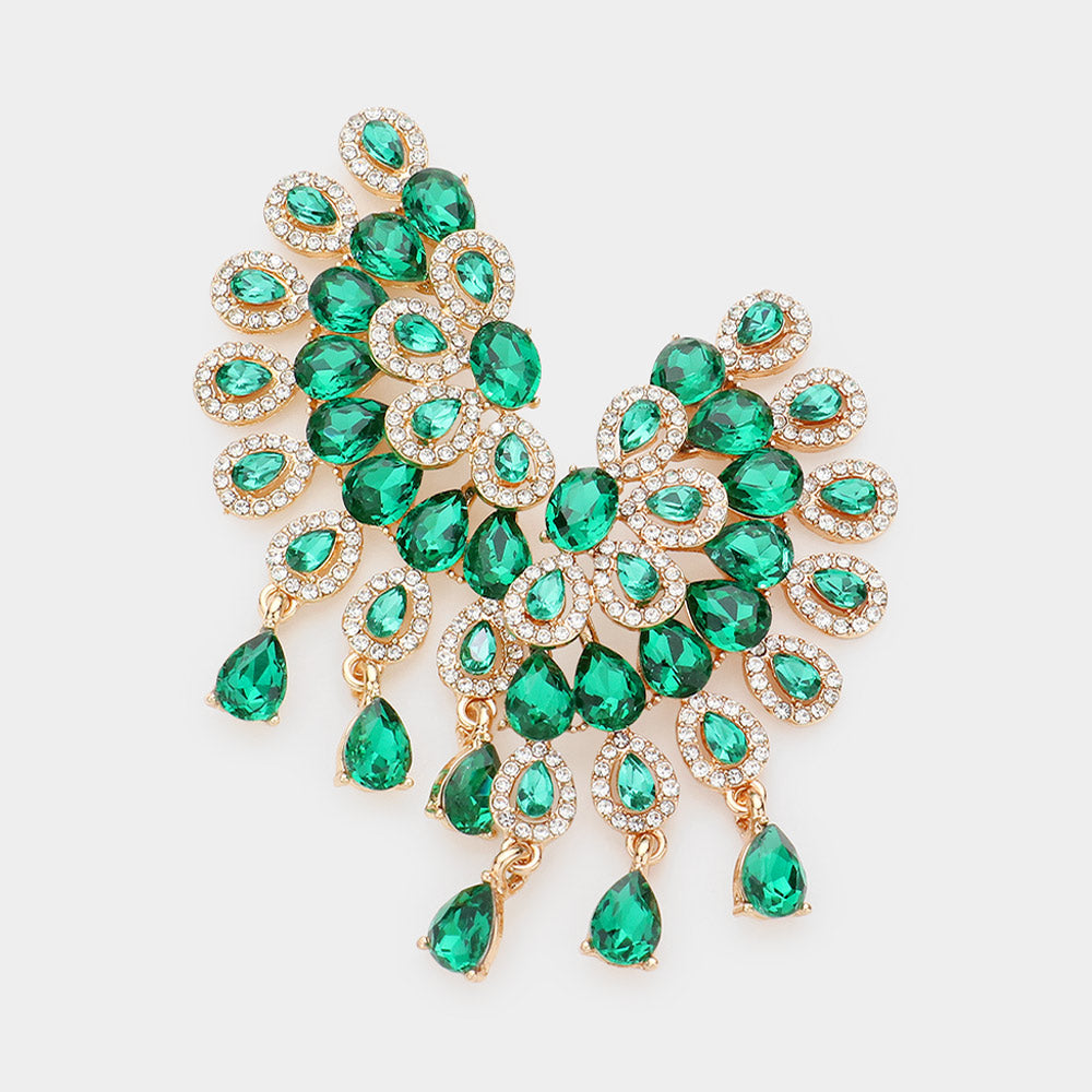 Emerald Teardrop Rhinestone Accented Pageant Earrings | Prom Earrings