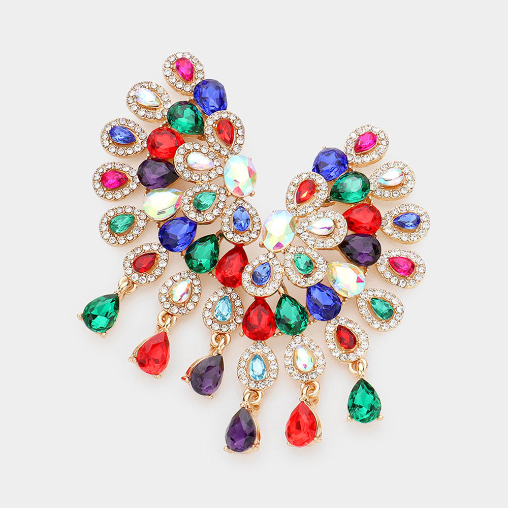 Multi-Color Teardrop Rhinestone Accented Pageant Earrings | Prom Earrings