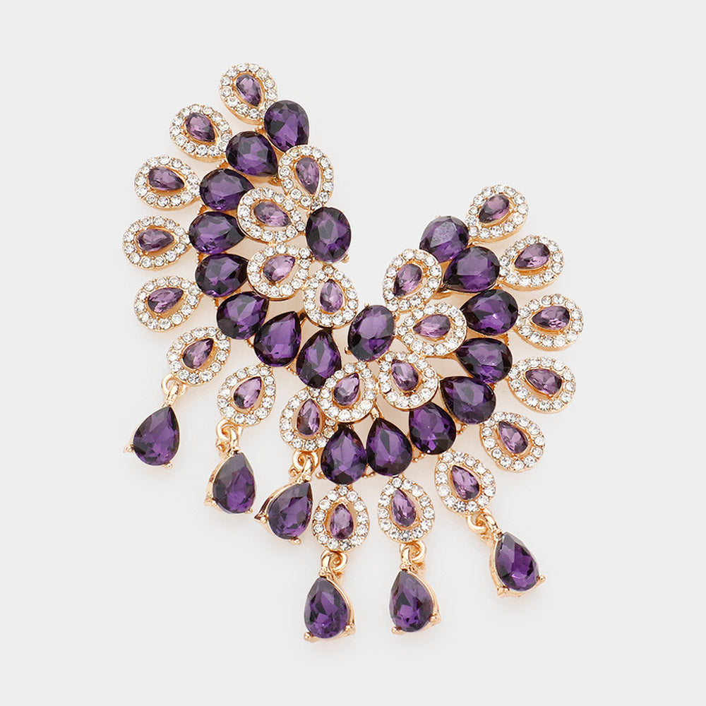 Purple Teardrop Rhinestone Accented Pageant Earrings | Prom Earrings